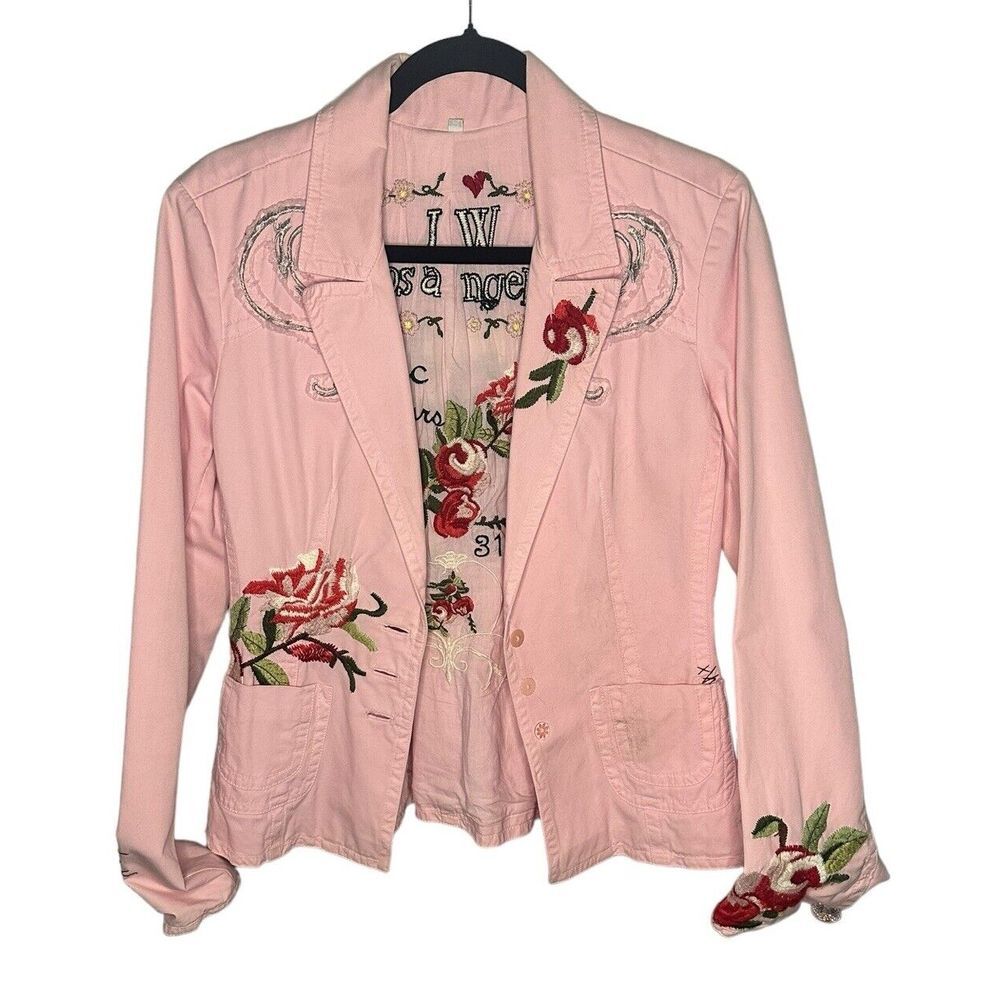 Johnny Was Blazer Jacket Womens M Pink  Floral Roses Embroidered JW Coat Medium